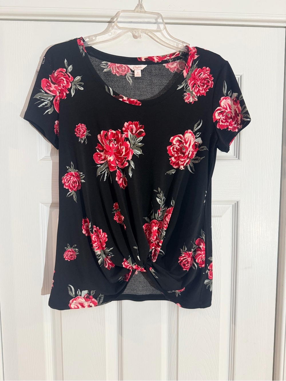 Ladies Size S Candie's Black Short-Sleeve Twist Front Tee with Pink Floral Print